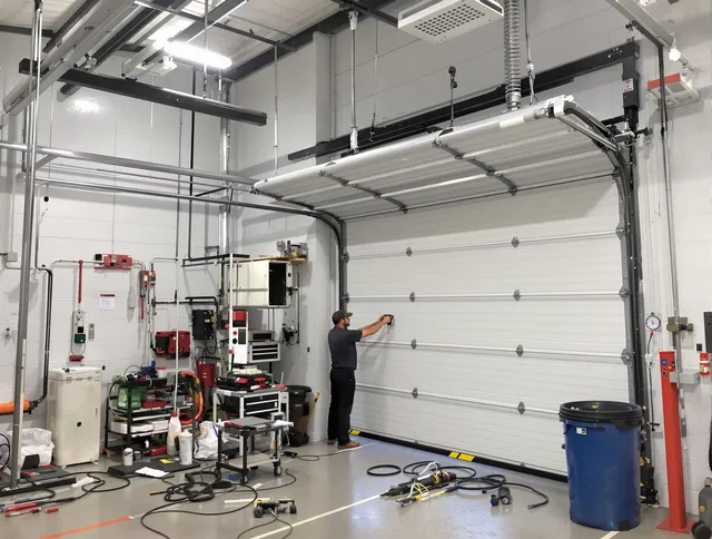 New Fairfield Garage Door Repair certified technician performing commercial door repair at a New Fairfield business facility