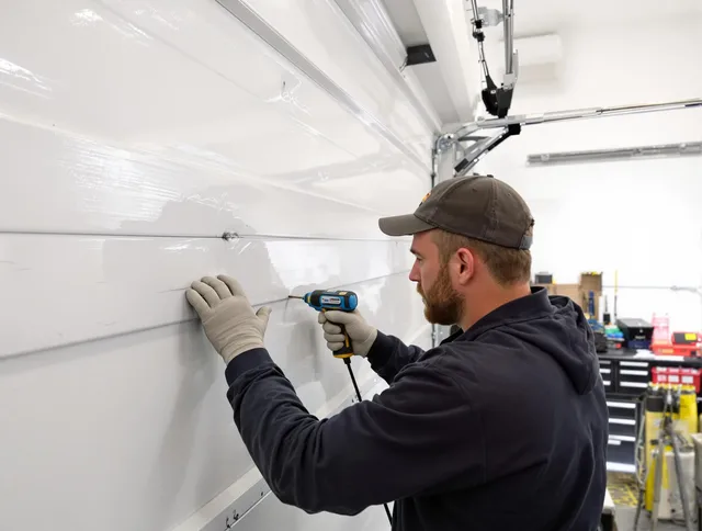 New Fairfield Garage Door Repair technician demonstrating precision dent removal techniques on a New Fairfield garage door