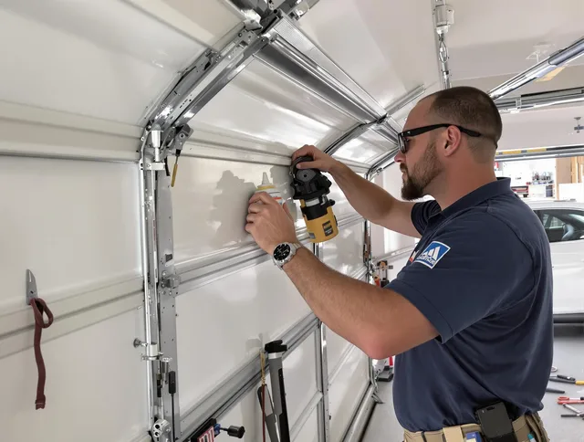 New Fairfield Garage Door Repair technician quieting a noisy garage door in New Fairfield