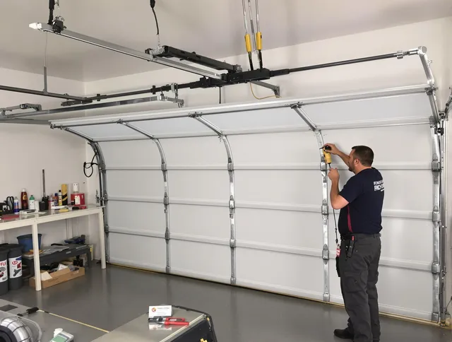 New Fairfield Garage Door Repair certified technician performing overhead door system repair in New Fairfield