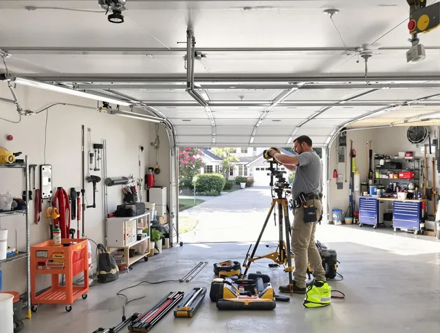 New Fairfield Garage Door Repair specialist performing laser-guided track alignment in New Fairfield